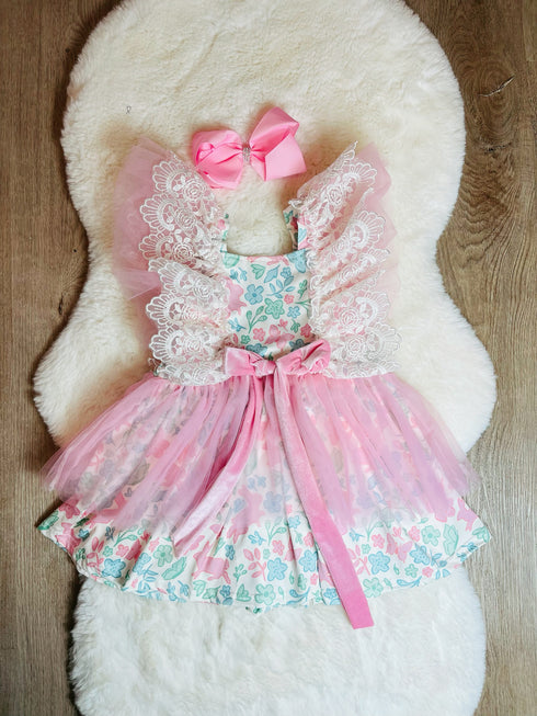 Girls Easter Velvet Lace Dress with Matching Bow - Bowtism